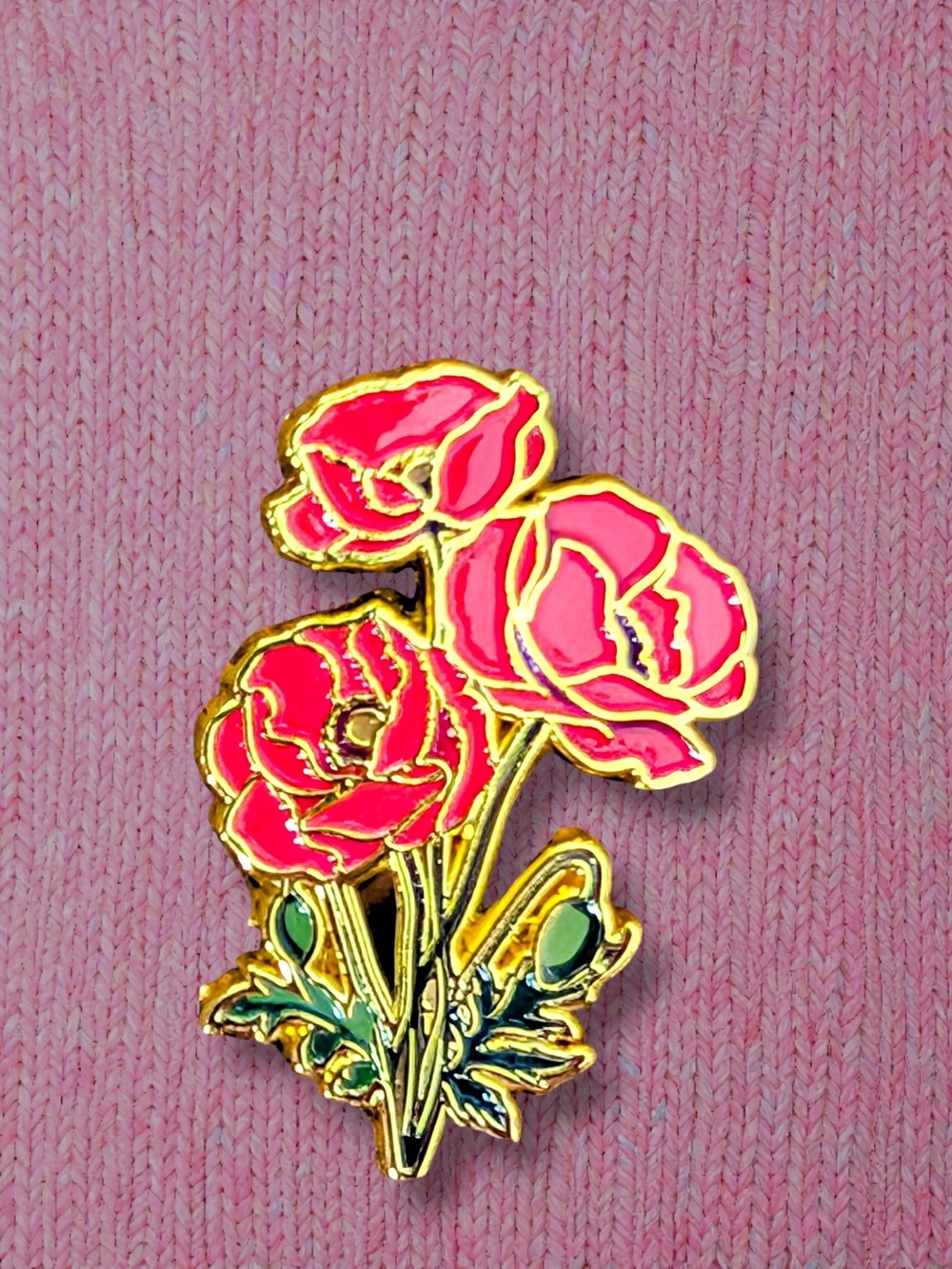 Red Poppy Enamel Pin Brooch - Gold Trim